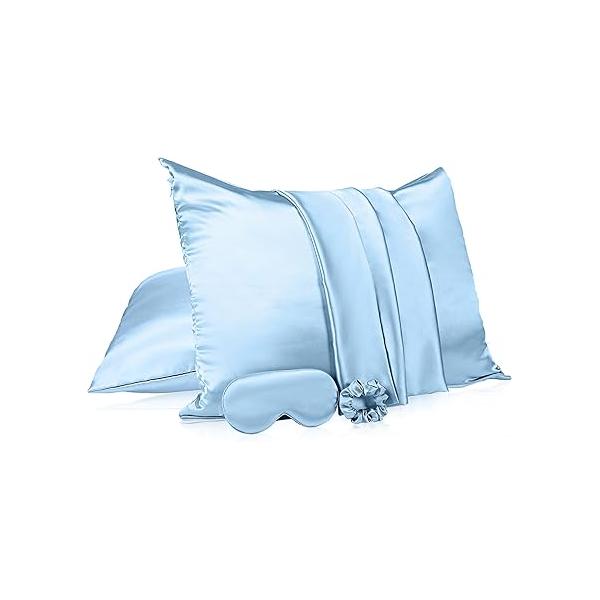 2 Pack Satin Pillowcase with Latent Zipper, Adjustable Eye Mask for Sleeping and Volume Scrunchie Hair Skin, Standard Size (Classic Style, Blue)