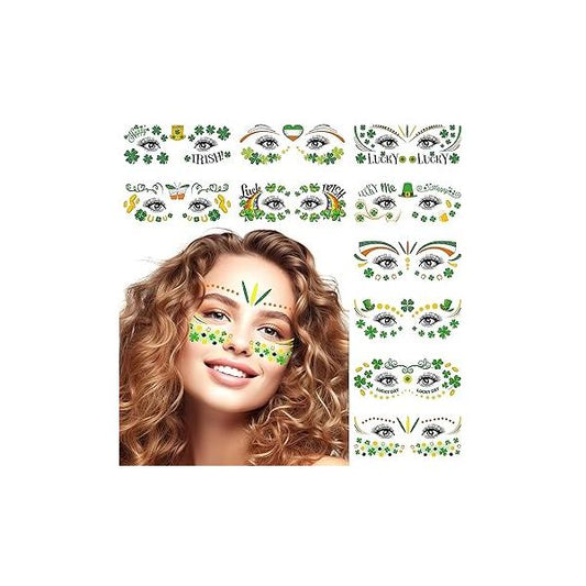 10 Sheets St. Patrick's Day Face Tattoos Stickers, Shamrock Temporary for Women Men Green Lucky Clover Stickers Decals Irish Parade Saint Party Favors Kids Body Decorations