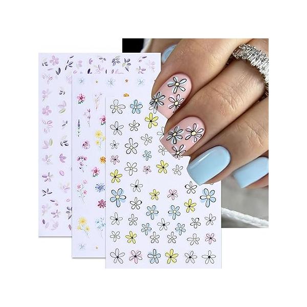Flower Nail Stickers,3 Sheet Decals,White Petal Art Stickers for Art, Series Self-Adhesive Decals Women
