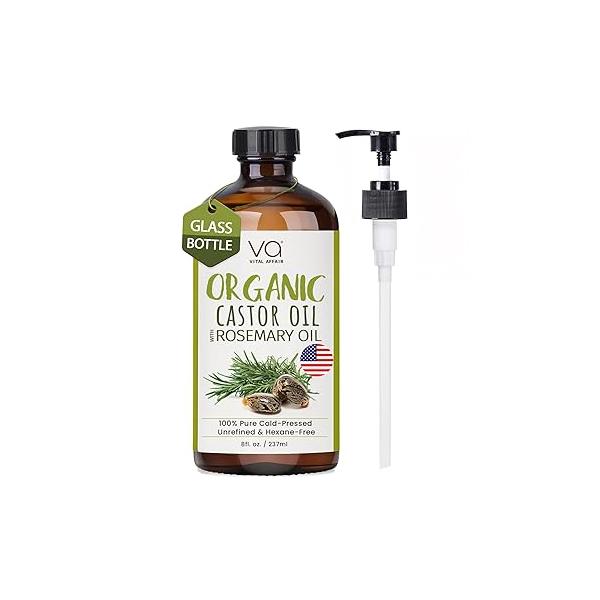 Organic Castor Oil With Rosemary For Hair Growth - 100% Pure Cold Pressed Unrefined Glass Bottle Strengthening & Volumizing 8 Fl Oz