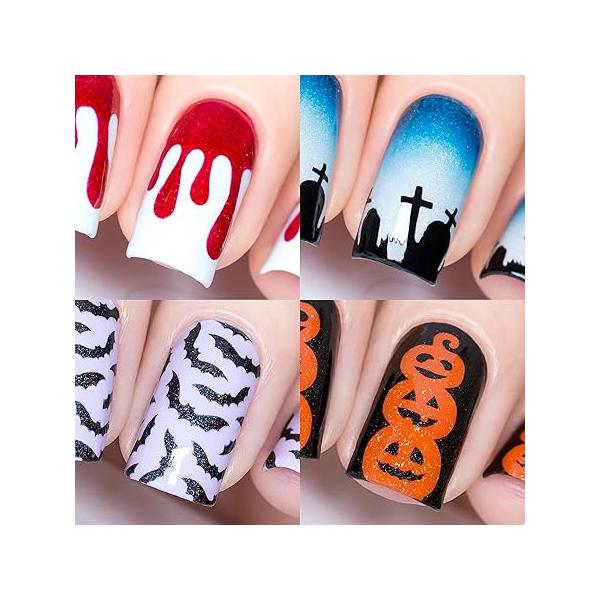 Whats Up Nails - Halloween Nail Vinyl Stencils 4 Pack (Dripping, Graveyard, Bats, Pumpkin Topiary) for Art Design