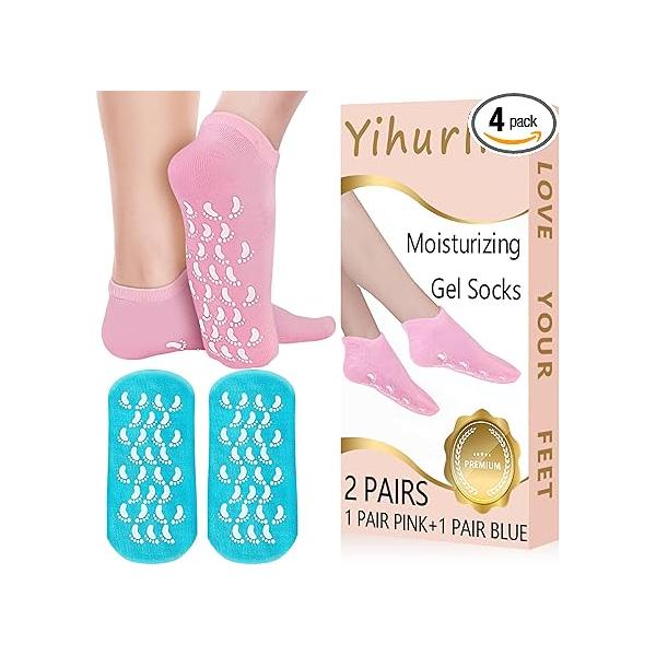 Moisturizing Socks,2 Pairs Soft Gel Socks,Non Slip Socks for Dry Cracked Feet Women,Reusable Spa Repairing Softening Heel(Pink & Blue)