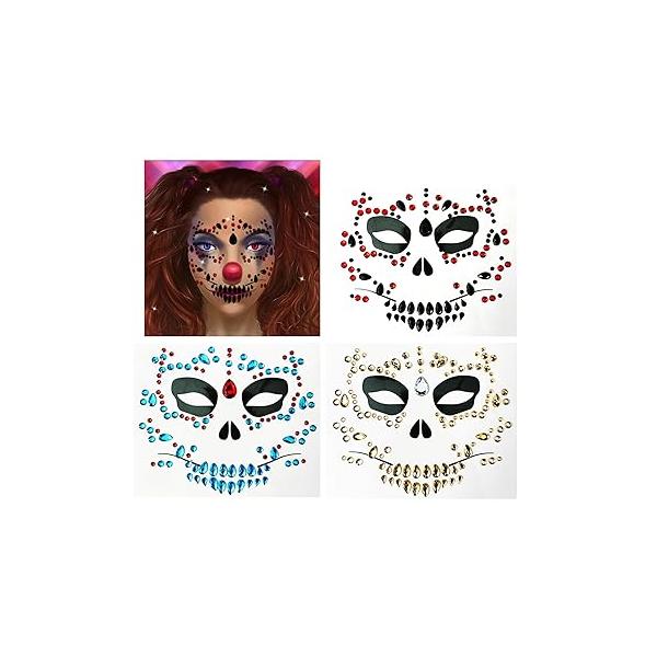 Rhinestone Face Jewels, 3-Pack Day of the Died Gems Halloween Temporary Tattoo, Stick on Hollowing Prank Makeup Costume