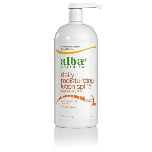 Alba Botanica Daily Moisturizing Lotion SPF 15, Normal to Dry Skin, with Shea Butter and Aloe, 32 Oz (Packaging May Vary)