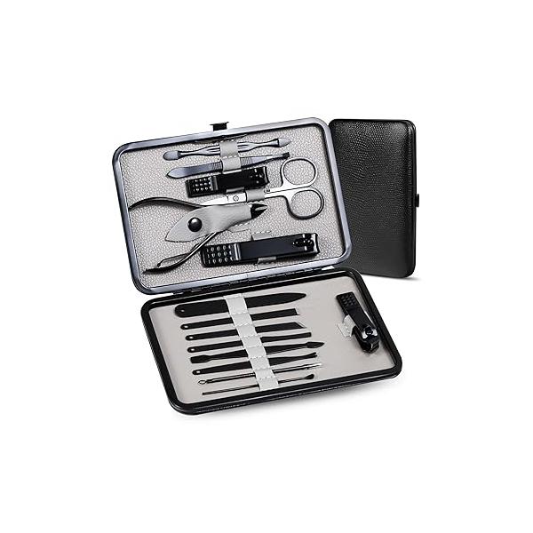 Manicure Pedicure Kit Nail Clippers Set Fingernails & Toenails Vibrissac Scissor 5 Pieces Best Care Tools for Man Women with Travel Case (Gray/Black_A)