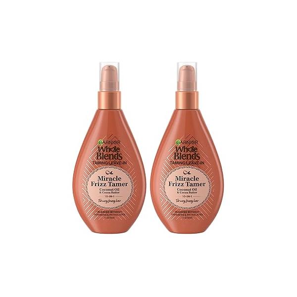 Garnier Whole Blends Sulfate Free Remedy Miracle Frizz Tamer 10-in-1 Leave-In Conditoner for Very Frizzy Hair, Coconut Oil & Cocoa Butter, 5 Fl Oz, 2 Count (Packaging May Vary)