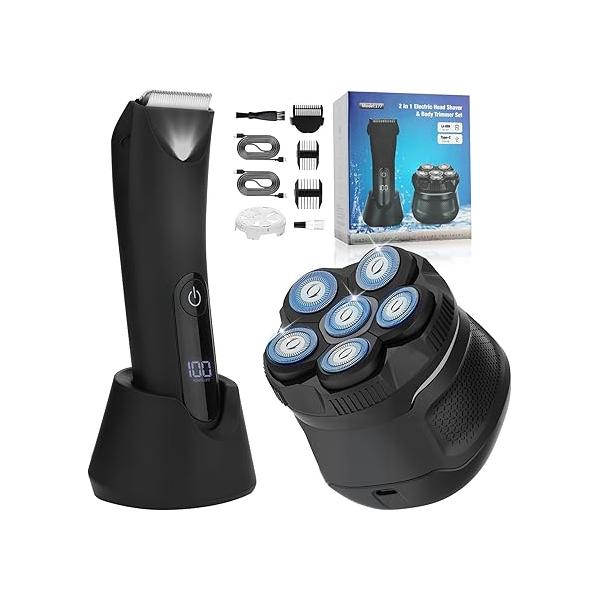 Head Shavers for Bald Men, Body Hair Trimmer Men Manscape Groin and Ball Trimmer,2 in1 Shaver Grooming Kit,IPX7 Waterproof Dry/Wet 6D Electric Razor with Type-C Charge