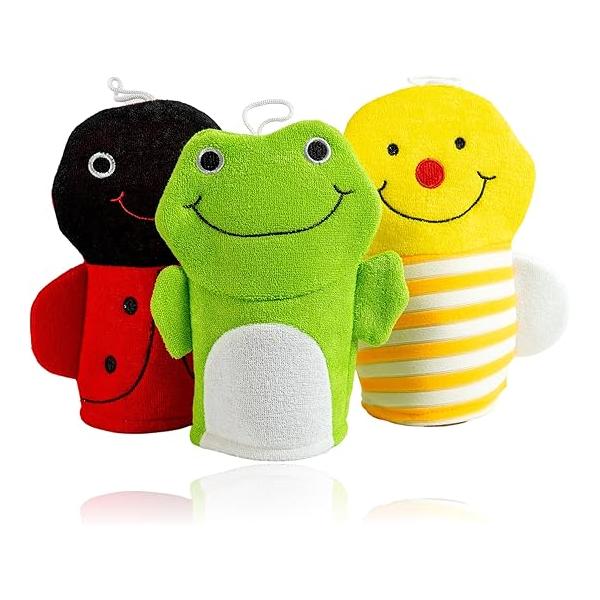 Made Easy Kit Hand Puppet Bath Wash Mitt Towel with Animal Designs Loofahs for Fun Interactive Bathing Time (Green Yellow Pink Blue)