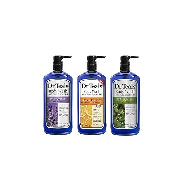Dr Teal's Body Wash Variety Gift Set (3 Bottles, 24 oz ea) - Soothe & Sleep, Glow Radiance, and Relax Relief Lavender, Citrus, Eucalyptus Scents Essential Oils Epsom Salts for Relaxation
