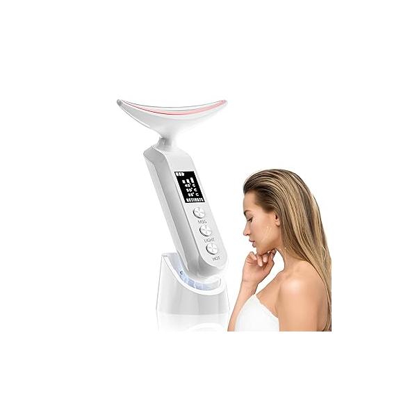 Face Massager with Led Light: 9-Color Facial Device - Neck Wrinkles Tightening Wand Vibration Tool for Skin Care, White