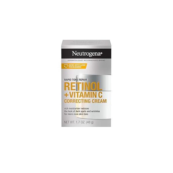Neutrogena Retinol + Vitamin C Correcting Cream, Rapid Tone Repair Face & Neck Cream with Hyaluronic Acid for Dark Spots, Fine Lines Wrinkles, 1.7 oz