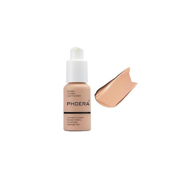 PHOERA Foundation,Flawless Soft Matte Oil Control Liquid Foundation Full Coverage Face Makeup. (102# Nude)
