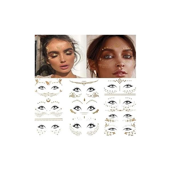 Gold Temporary Tattoo Stickers Freckles Face Tattoos for Women Girls Kids Metallic Waterproof Sticker Butterfly Star Moon Makeup Party Festival (Style A)