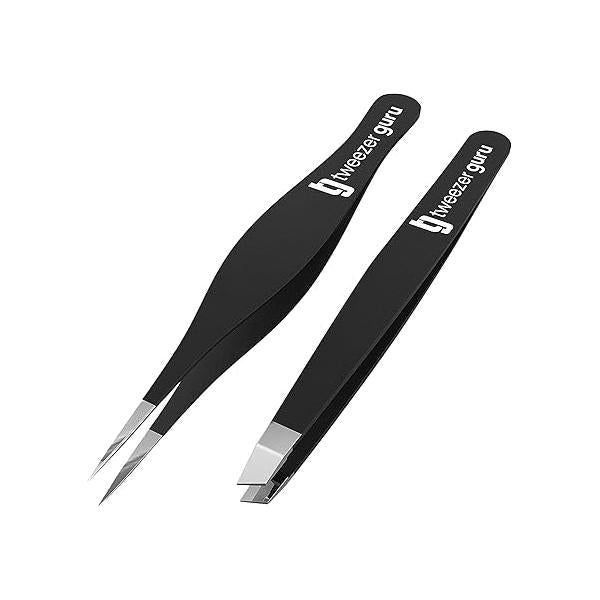 Tweezer Guru Ingrown Hair Tweezers - Pointed Precision for Eyebrows & Removal Blackhead and Splinter with Sharp Needle Nose Point (2 Piece Set, Black (Point+Slant))