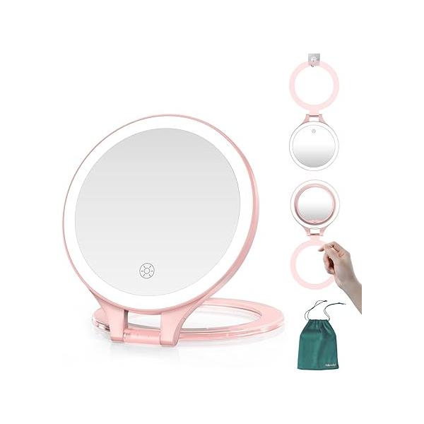 Mocado Travel Makeup Mirror with Light, 1X/20X Magnifying Double Sides 3 Color Dimmable Touch, 1500mAh Rechargeable Lighted Mirror(Pink)