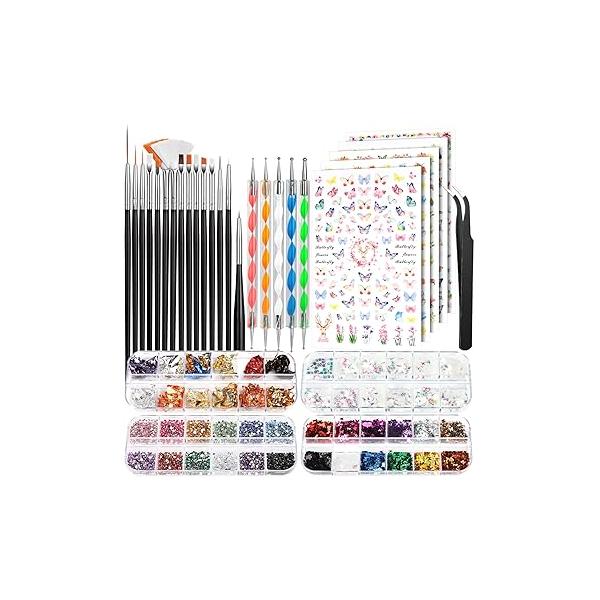 FANDAMEI Nail Art Brushes Set, Kit, Design Dotting Pens, Stickers, Butterfly Sequins, Foils, Flakes Iridescent, Rhinestones For Nails