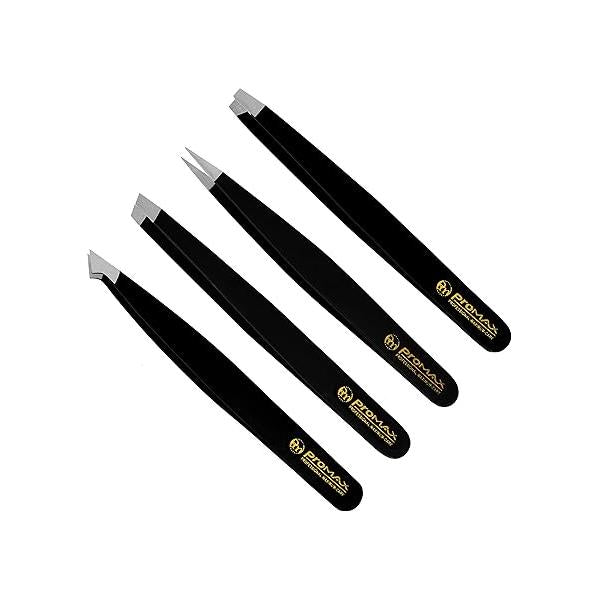 ProMaxCare 4-Piece Professional Eyebrow Tweezers Set - Precision Stainless Steel for Facial Hair, Ingrown Hairs, Splinters, Blackheads & Tick Removal (Black)