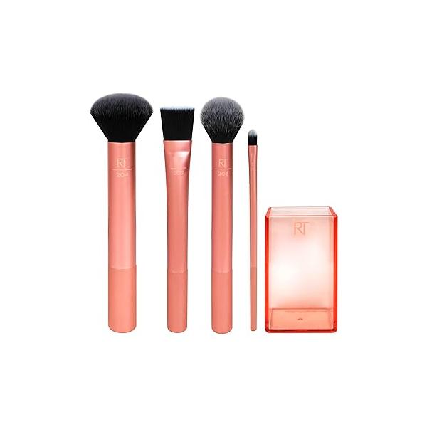 Real Techniques Flawless Base Brush Set With Ultra Plush Custom Cut Synthetic Bristles and Extended Aluminum Ferrules to Build Coverage for Every Makeup Application Need, Orange, 5 Piece