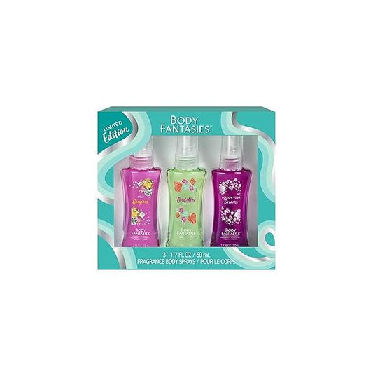 Body Fantasies (1) Box Fragrance Sprays 3pc Limited Edition Set - Scents: Stay Gorgeous, Good Vibes Only, Follow Your Dreams 1.7 fl oz each Spray Bottle