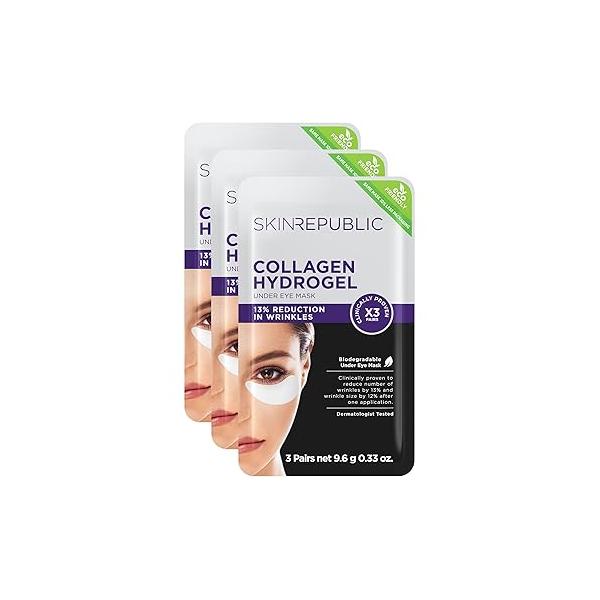Skin Republic Collagen Hydrogel Under Eye Mask .Clinically Proven to Reduce Wrinkles After One Use. Made in Korea. 3 Pack (9 pairs of under eye masks).