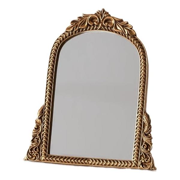 Small Table Mirror, Antique Gold Compact Vanity Mirror with Vintage Carved Arch Frame, 11.8 x 9.6 Desk Décor for Bedroom, Living Room & Tables