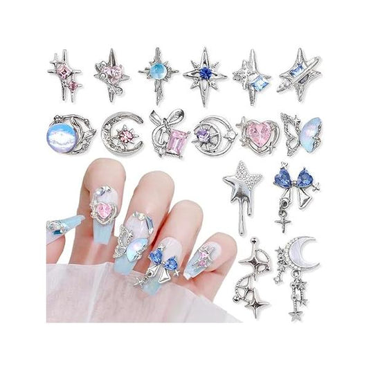 16 Styles Luxury Moon Star Nail Charms for Acrylic Nails Alloy Rhinestone Art 3D Bow Butterfly Silver Y2k Accessories Metal Jewels Supplies