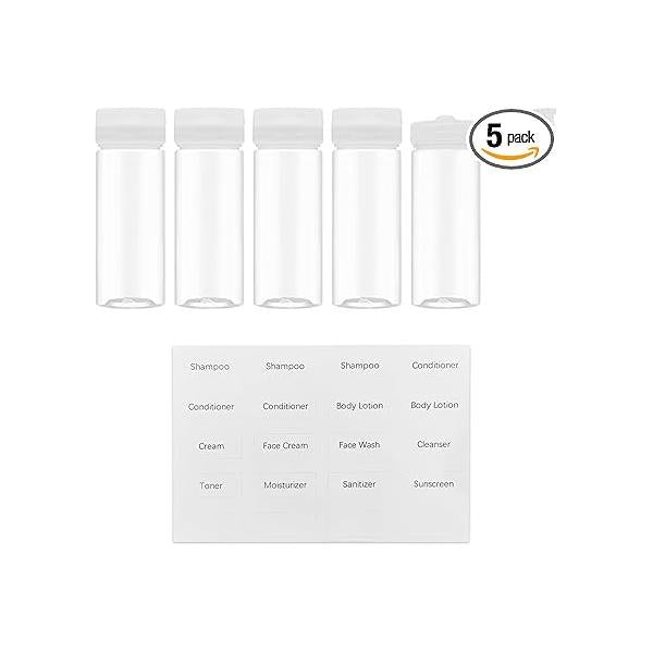 Venicor 5 Pack 3.4 oz Travel Bottles for Toiletries - TSA Approved Plastic Empty Size Shampoo Containers with Labels Wide Mouth
