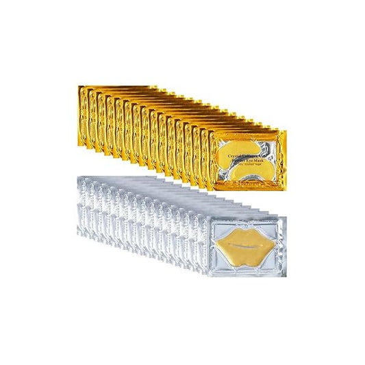 32 Pairs Eye Masks & Lip Mask, 24K Collagen Under Patches for Dark Circles and Puffy Eyes, Reduce Wrinkles, Anti Chapped Remove Dead Skin, Nourishes the Skin (Gold)