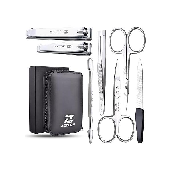 Manicure Set - Cuticle Scissors, Nail and Eyebrow Clippers, Pusher, File, Tweezers Professional Mens Grooming Kit (7 in 1)