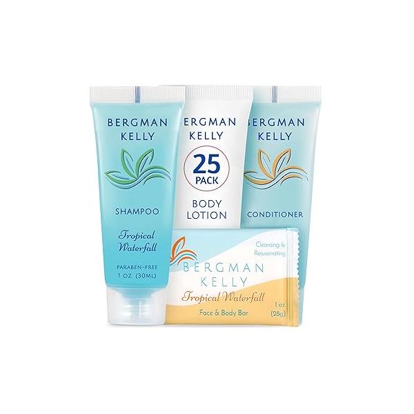 Bergman Kelly - Hotel Toiletries Bundle Tropical Waterfall, 1 oz each, 100 Pcs 4-Piece Set: 25 Rectangular Bar Soap, Shampoo, Conditioner & Body Lotion Bulk Mini Guest Amenities Supply