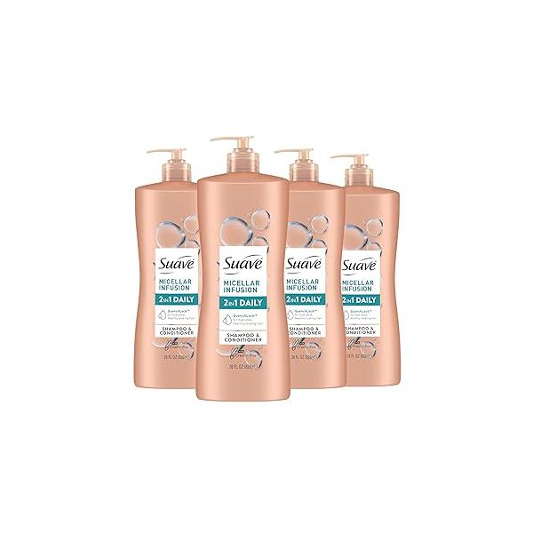 Suave 2 in 1 Shampoo and Conditioner with Micellar Infusion, cleansing conditoning For All Hair Types, 28 oz Pack of 4