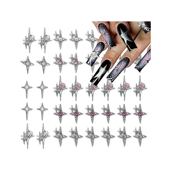 Silver Star Nail Charms 3D Alloy Stars Rhinestones Luxury Starlight Gems Crystal Jewels Sparkling Metal Diamonds for Women Girls DIY Manicure Decor 40Pcs