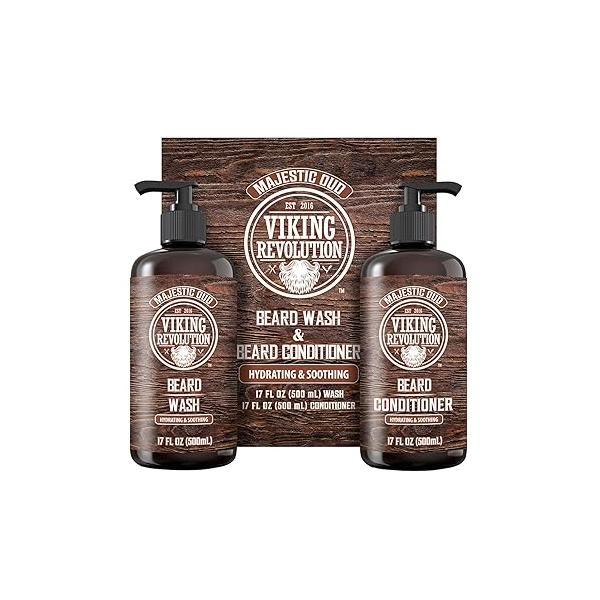 Viking Revolution Beard Wash and Conditioner for Men with Argan Oil Jojoba - Softener Strengthener Care Shampoo (17oz, Majestic Oud)