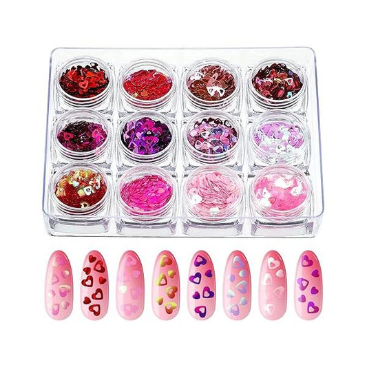 12 Boxes Valentine's Day Nail Glitter Heart Sequins Holographic Red Pink and Hollow Decals for Women Girls Makeup Decoration(Heart Style,Multi Color)