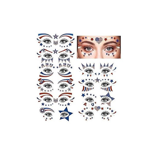 10 Sets 4th of July Temporary Tattoos Stickers Independence Day Face Eye Tattoo Sticker Waterproof Sweatproof American Flag USA Star Patriotic Memorial for Adult Kids Make Up Party Parade red