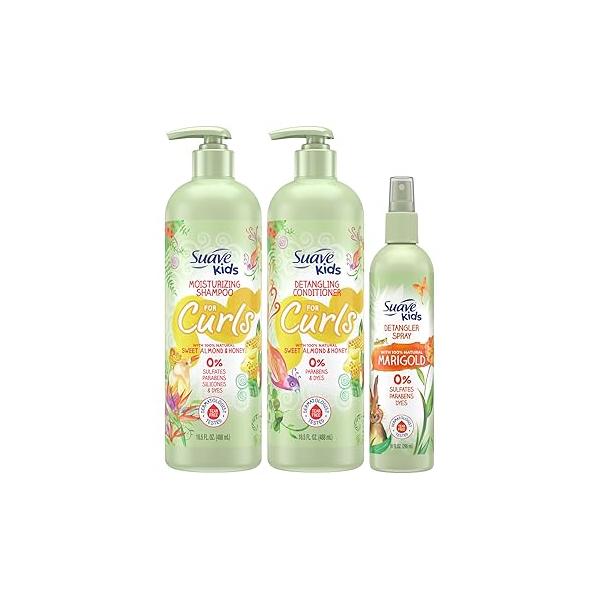 Suave Kids Shampoo & Conditioner for Curls, Sweet Almond Honey 2-Pack + Detangler Spray with 100% Natural Marigold, Dermatologist-Tested Tear Free