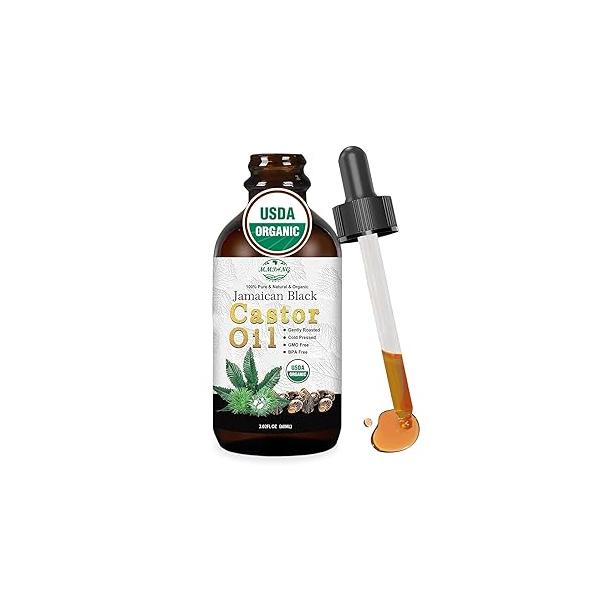 Organic Jamaican Black Castor Oil in Glass Bottle Cold Pressed Hexane Free, 100% Pure Natural Hair Strengthening Oil, Oi for Growth Eyelashes Eyebrows (2oz/60ml)