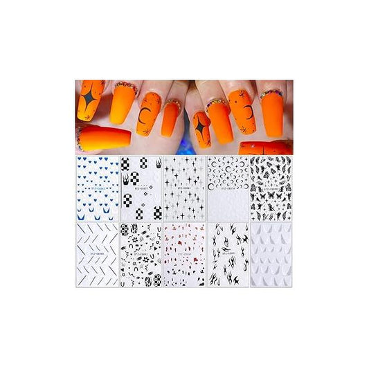 10 Sheets French Nail Stickers for Art, Art Supplies 3D Self-Adhesive Decals Star Moon Butterfly Flower Flame Strips Lines V Design Glitters Manicure Tips Decoration