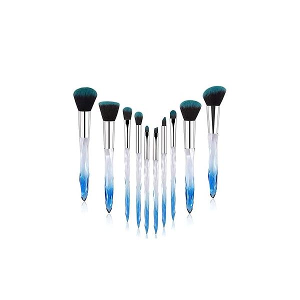 Yuwaku Makeup Brushes - 10pcs Premium Synthetic Foundation Blending Blush Powder Eyeshadow Brush Set Blue Transparent Crystal Handle Cute Make Up Tools