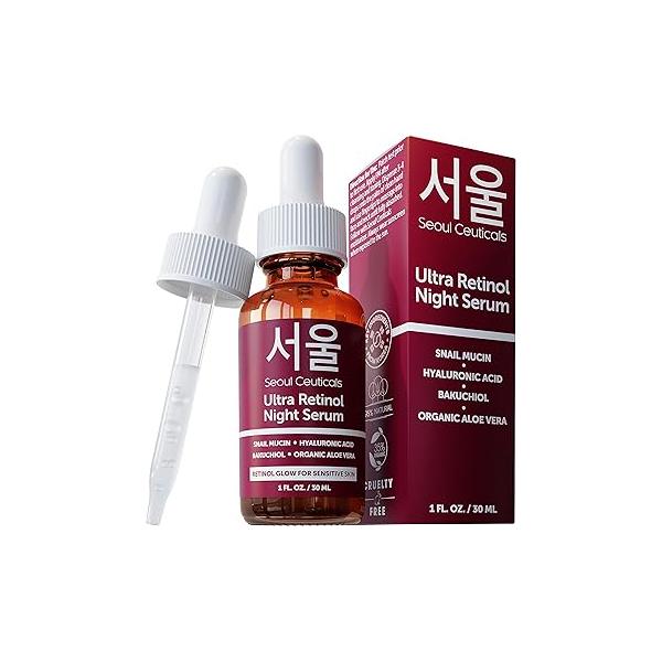 SeoulCeuticals 1% Korean Retinol Night Serum for Face - 97.5% Snail Mucin + Hyaluronic Acid Bakuchiol, Cruelty Free K Beauty Sensitive Skin 1oz