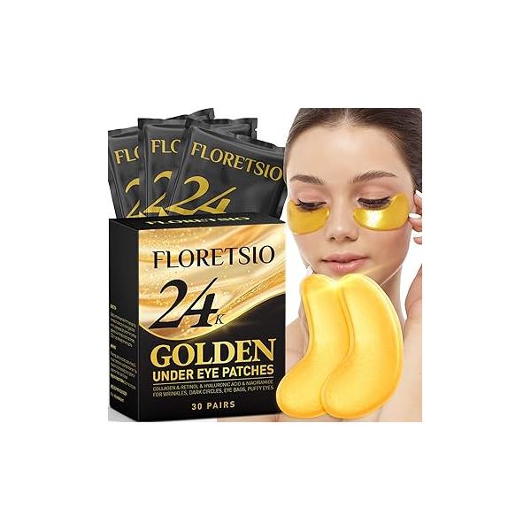 Under Eye Patches for Dark Circles 24K Gold Collagen Mask Puffy Eyes - Reduce Wrinkles and Bags, Anti-Aging Retinol Hydrating Gel Pads Skincare Treatment Products