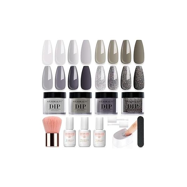 AZUREBEAUTY Dip Powder Nail Starter Kit White Mauve Glitter Champagne, Dipping 4 Colors Set, French Art Base Top Coat Activator Liquid Manicure DIY Salon 12 PCS