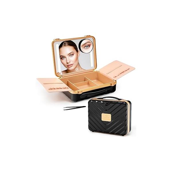Lighted Makeup Case with Mirror - Portable Travel Organizer light up Mirror, 3 Light Settings, Rechargeable Bag and Lights Mini 10x magnifying included