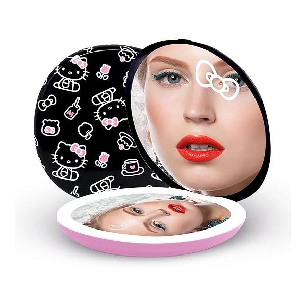 Impressions Vanity Hello Kitty The Favorites Compact Mirror with Light, Double Sided Cute Travel Makeup Magnification, Soft Touch Button, and Adjustable Brightness