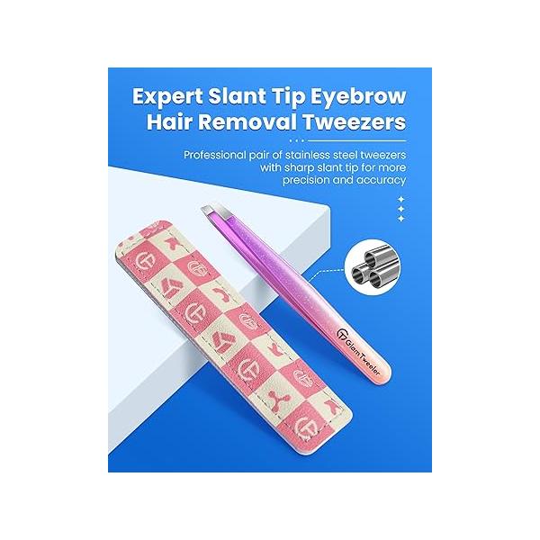 Expert Eyebrow Hair Removal Tweezer with Leather Case, GlamTweeler High Precision Slant Tip Stainless Steel Tweezers for Men and Women (Hot Pink)