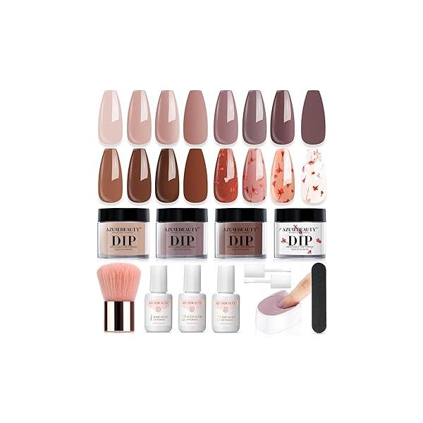 AZUREBEAUTY Dip Powder Nail Starter Kit White Mauve Glitter Champagne, Dipping 4 Colors Set, French Art Base Top Coat Activator Liquid Manicure DIY Salon 12 PCS