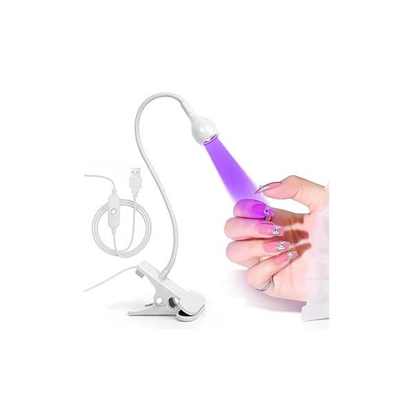UV Nail Lamp - Light for Gel Nails, LED Gooseneck Flash Cure Manicure Dryer Black with Clamp, 365+395nm Wavelength 5V 3W 4 Levels Dimming
