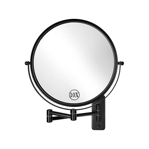 DECLUTTR 9" Wall Mounted Lighted Makeup Mirror, Rechargeable Double Sided 1X/10X Magnifying Mirror with 3 Color Lights, Dimmable 360°Swivel Vanity Hook for Bathroom, Black