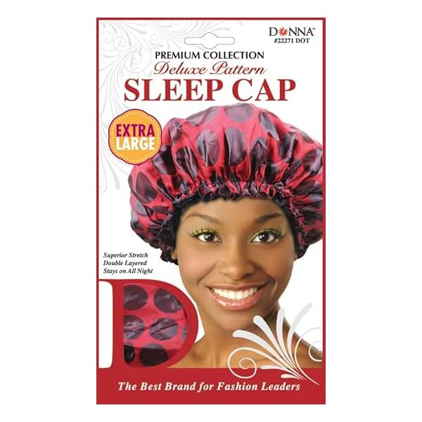 DONNA Deluxe Pattern Sleep Cap Hair Shower Bonnet for Sleeping Hat BLACK DOT