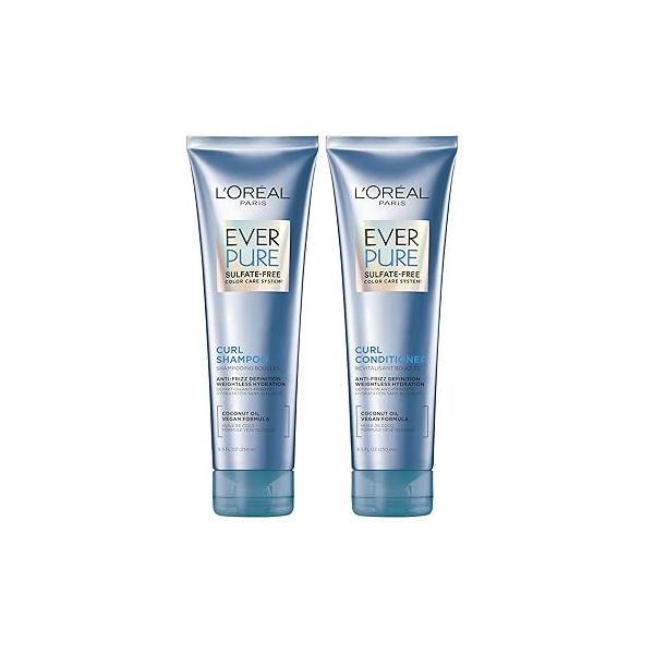 L'Oreal Paris Sulfate Free Shampoo and Conditioner for Curly Hair, Lightweight, Anti-Frizz Hair Care with Coconut Oil, EverPure, 8.5 Fl Oz, Set of 2 (Packaging May Vary)